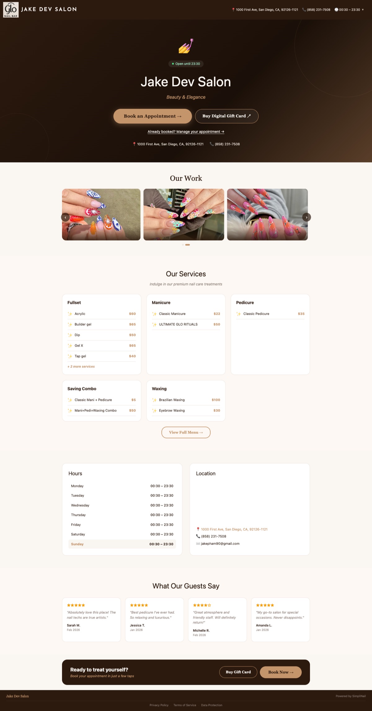 SimpliNail online booking page (desktop)